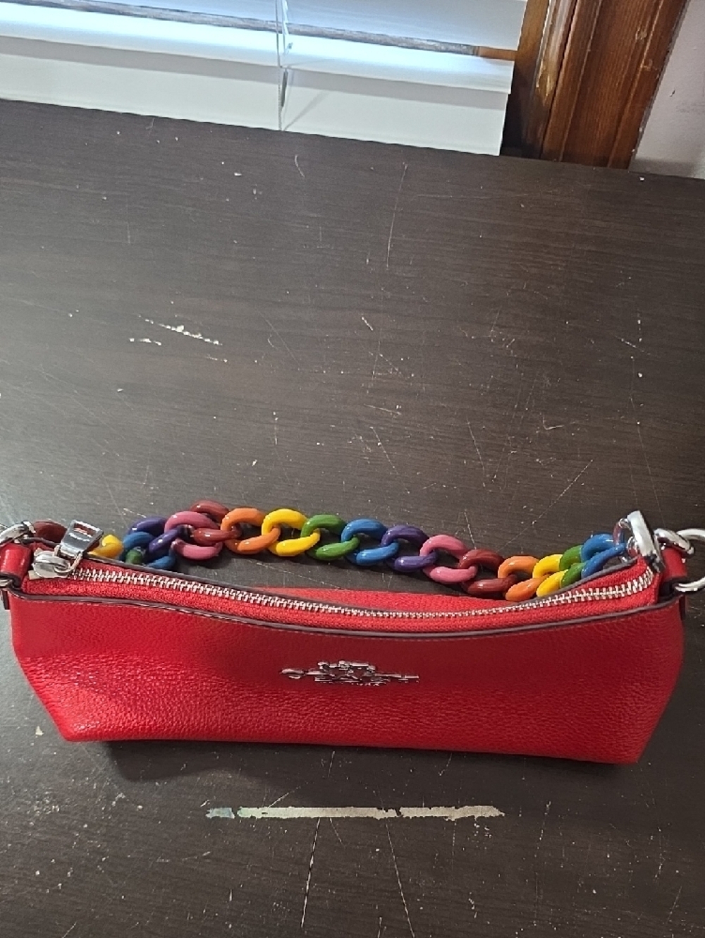 Coach Red Shoulder Bag with Rainbow Chain Strap - Picture 2 of 4